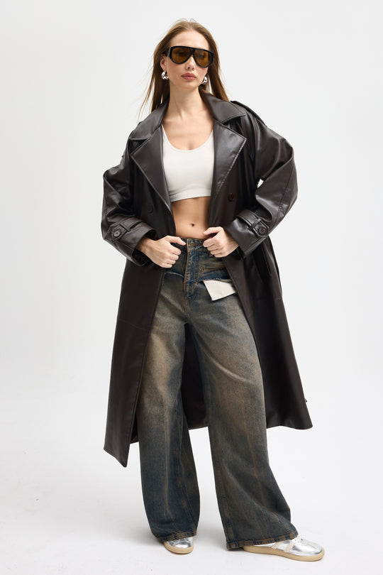 Routines Faux Leather Trench Coat - Brown 8506