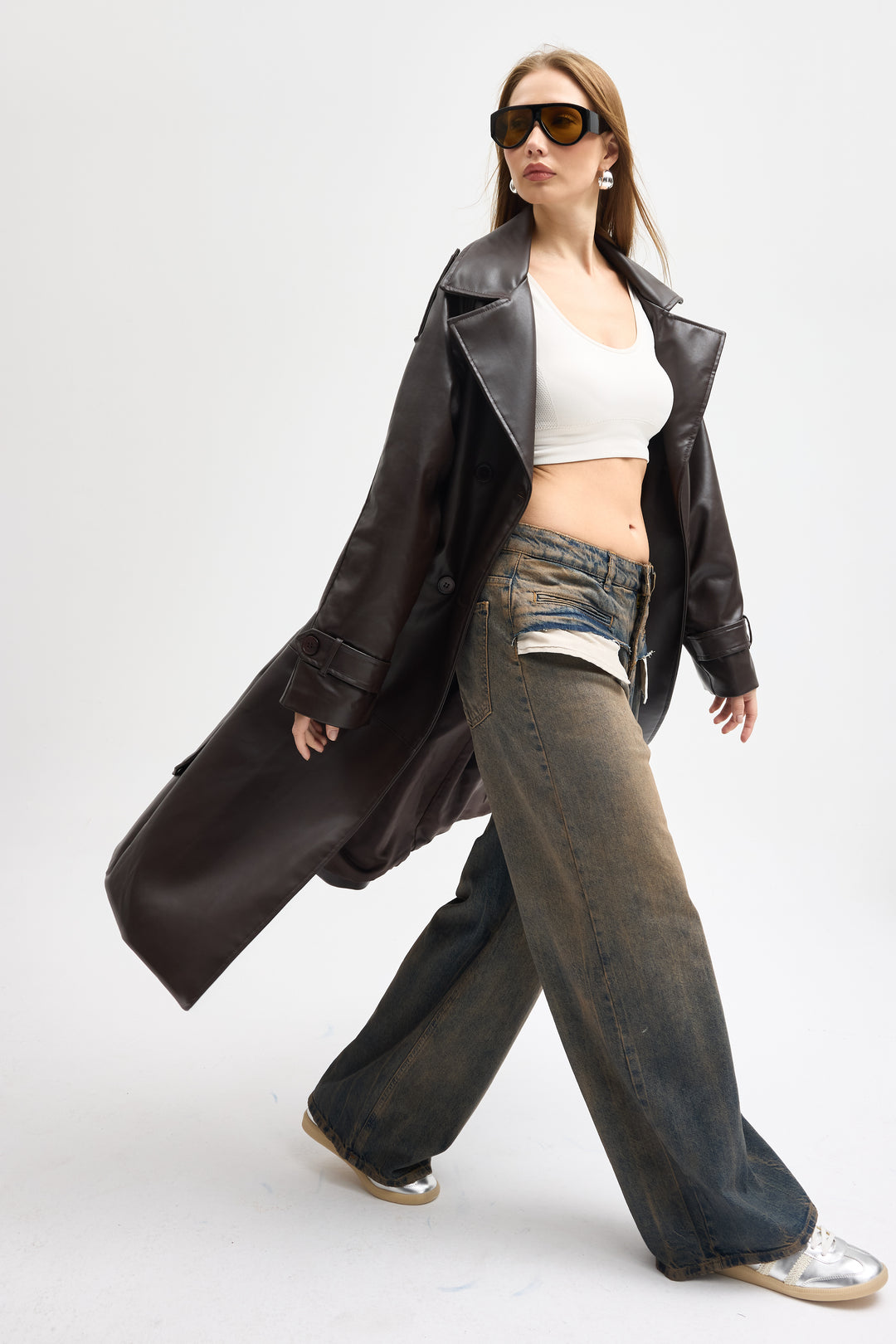 Routines Faux Leather Trench Coat - Brown 8506