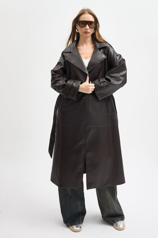 Routines Faux Leather Trench Coat - Brown 8506