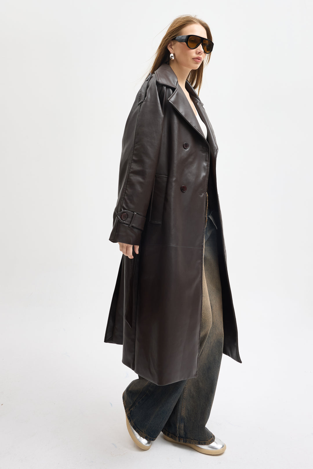 Routines Faux Leather Trench Coat - Brown 8506