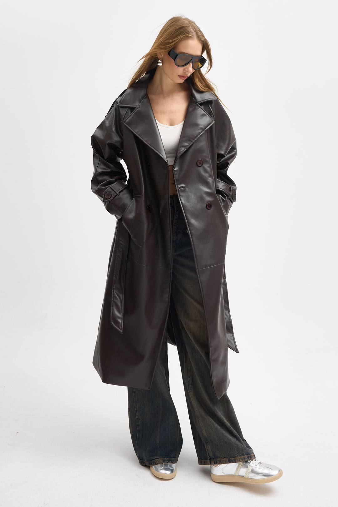 Routines Faux Leather Trench Coat - Brown 8506