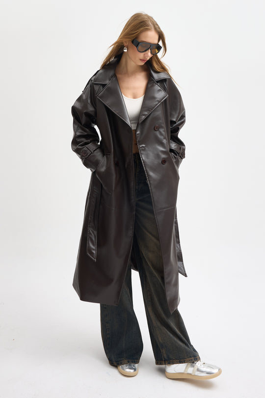 Routines Faux Leather Trench Coat - Brown 8506