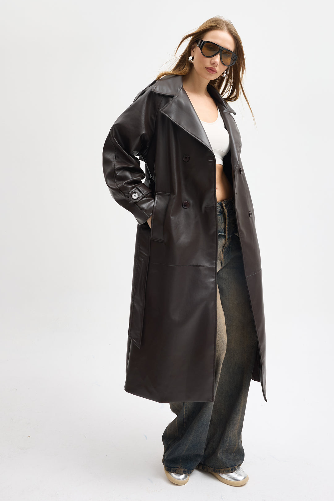 Routines Faux Leather Trench Coat - Brown 8506