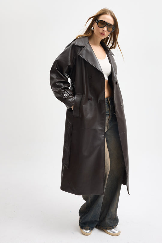 Routines Faux Leather Trench Coat - Brown 8506