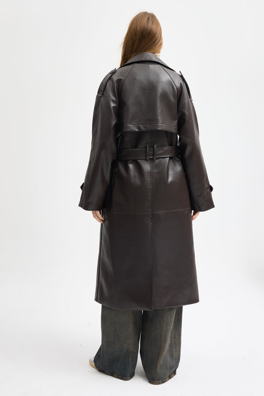Routines Faux Leather Trench Coat - Brown 8506