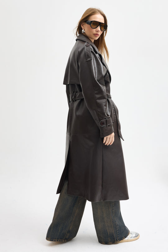 Routines Faux Leather Trench Coat - Brown 8506
