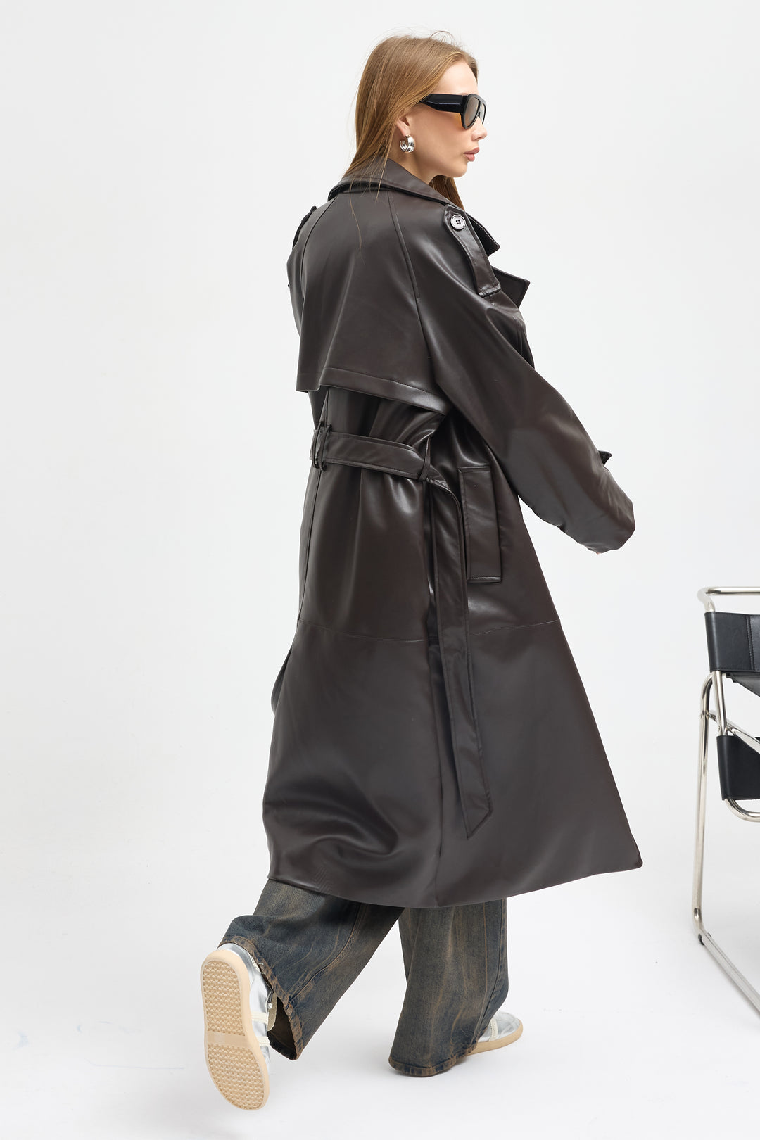 Routines Faux Leather Trench Coat - Brown 8506