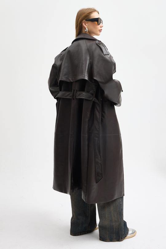 Routines Faux Leather Trench Coat - Brown 8506