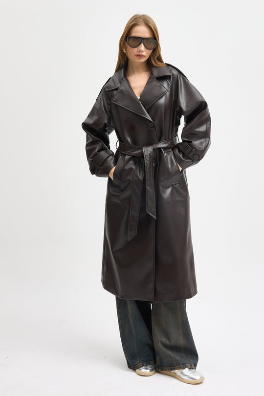 Routines Faux Leather Trench Coat - Brown 8506