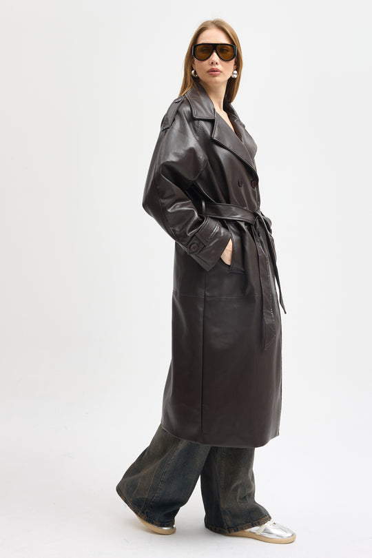 Routines Faux Leather Trench Coat - Brown 8506
