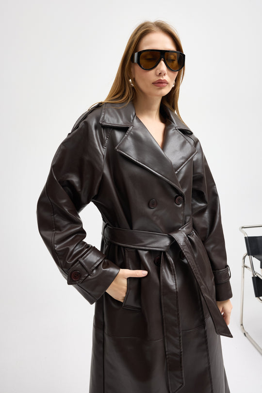 Routines Faux Leather Trench Coat - Brown 8506