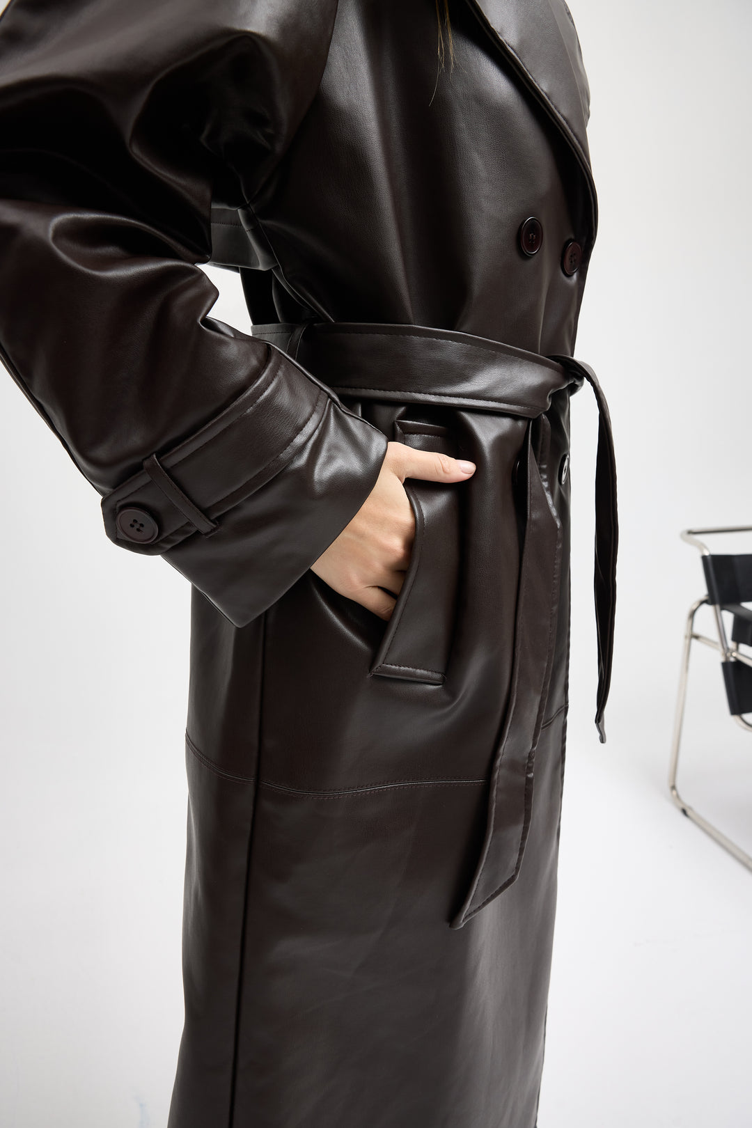 Routines Faux Leather Trench Coat - Brown 8506