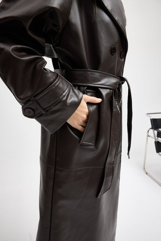 Routines Faux Leather Trench Coat - Brown 8506