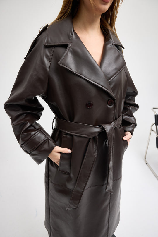 Routines Faux Leather Trench Coat - Brown 8506