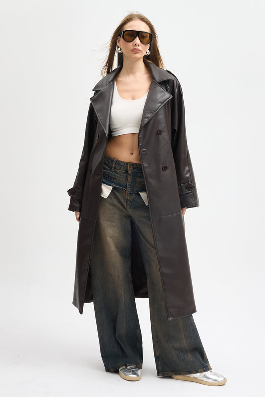 Routines Faux Leather Trench Coat - Brown 8506