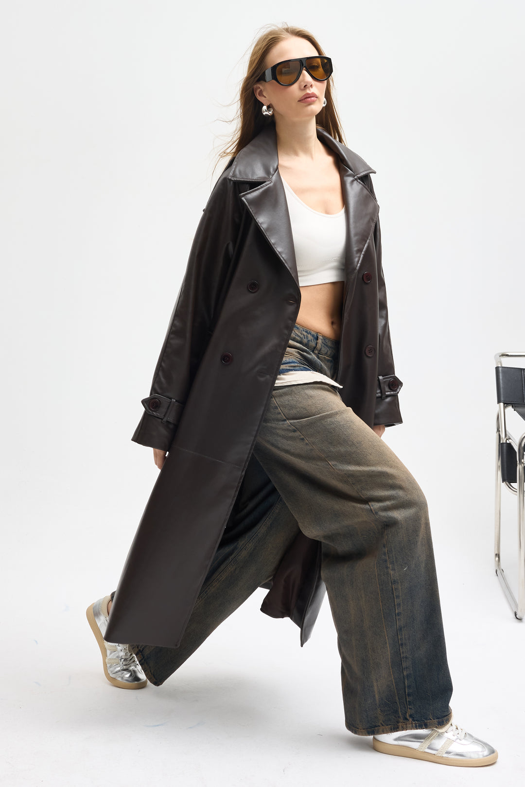 Routines Faux Leather Trench Coat - Brown 8506