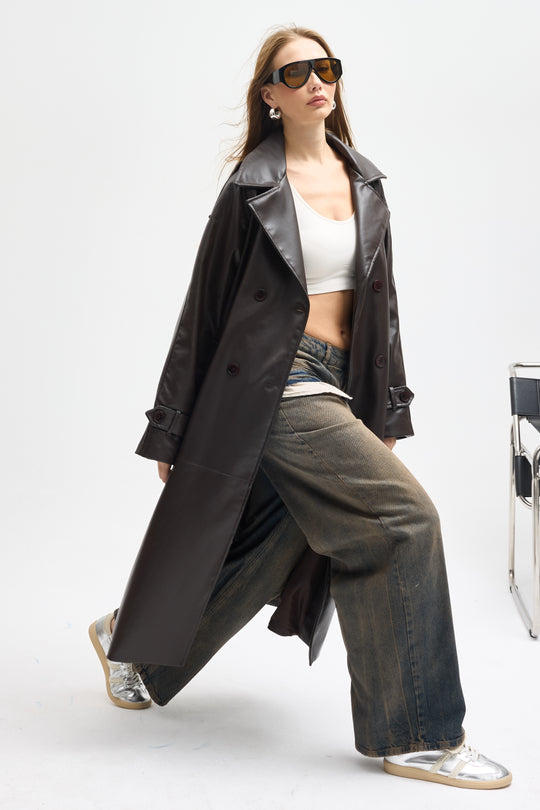 Routines Faux Leather Trench Coat - Brown 8506