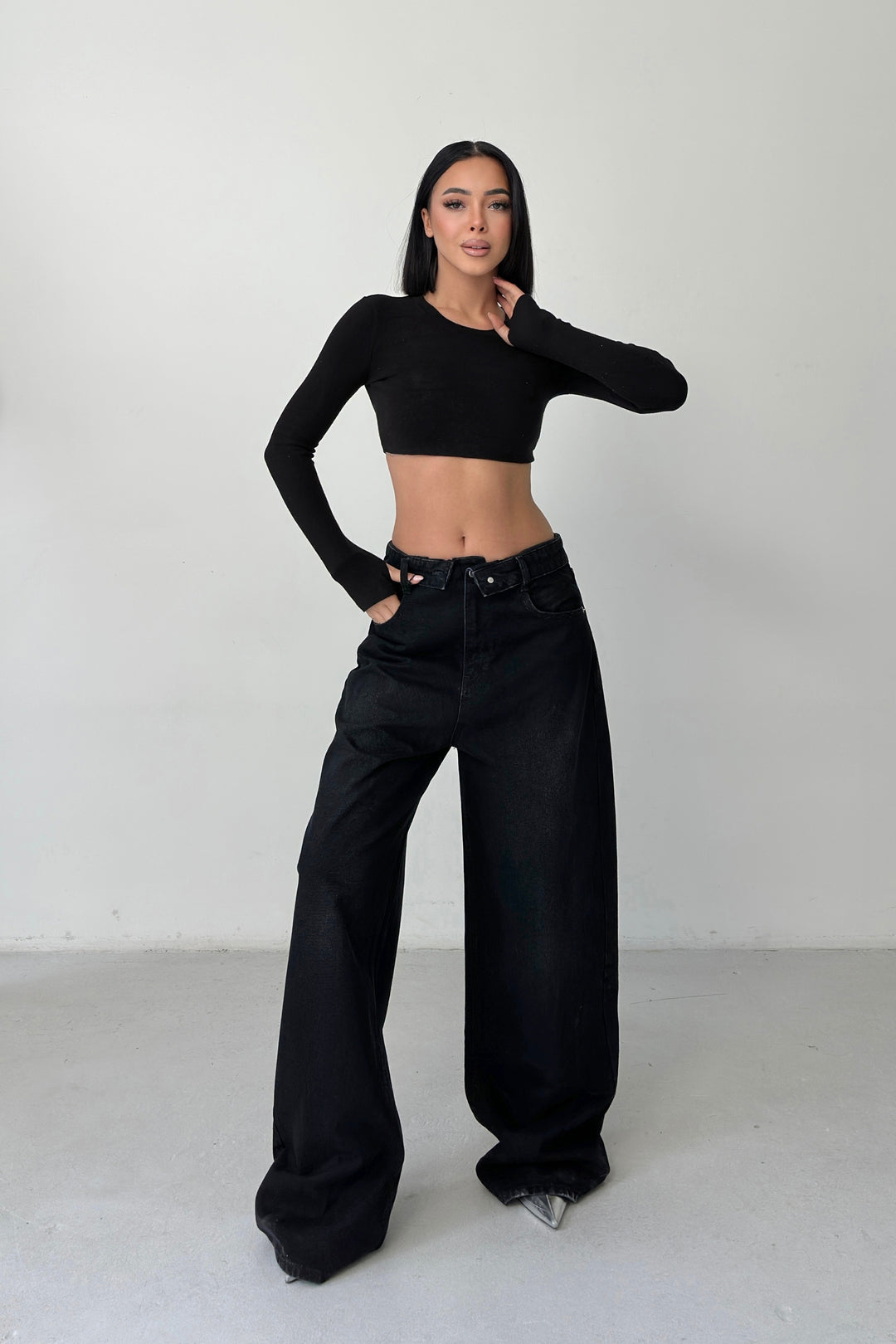 Routines Folded Waist Baggy Jeans - Black 3727