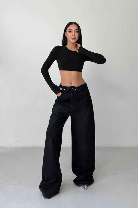 Routines Folded Waist Baggy Jeans - Black 3727