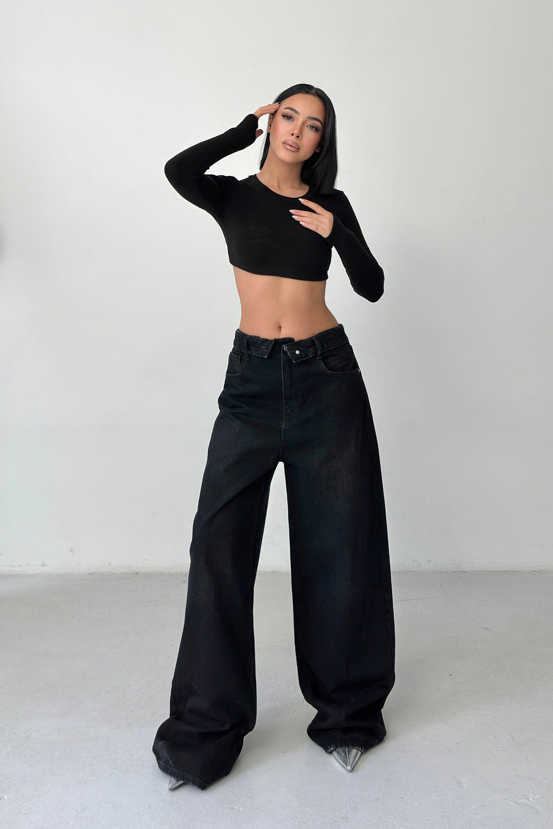 Routines Folded Waist Baggy Jeans - Black 3727