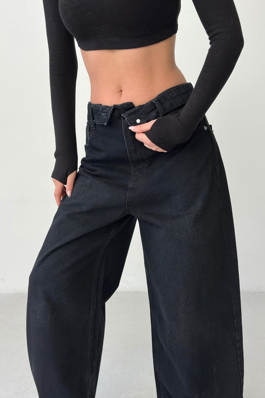 Routines Folded Waist Baggy Jeans - Black 3727