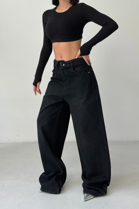 Routines Folded Waist Baggy Jeans - Black 3727