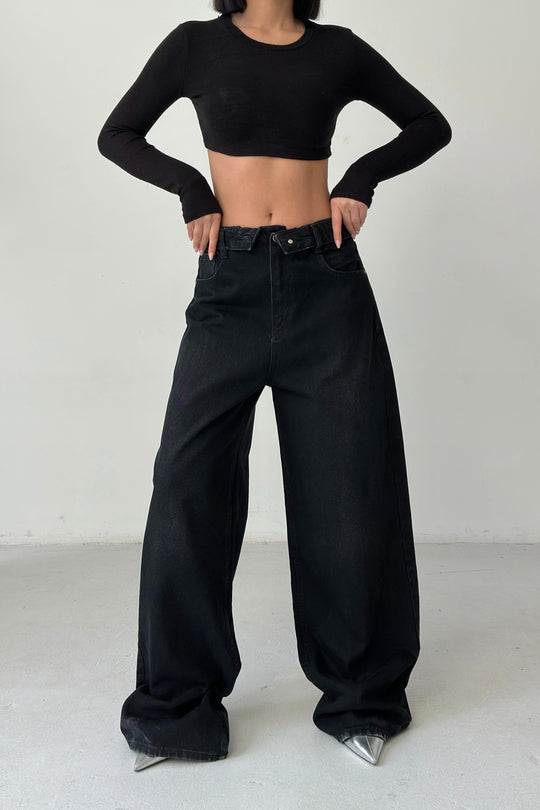 Routines Folded Waist Baggy Jeans - Black 3727