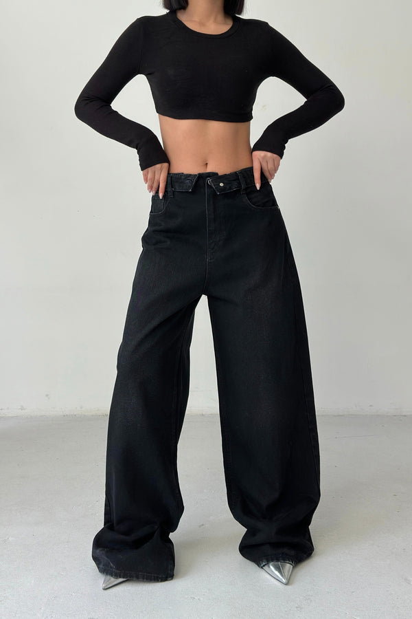 Routines Folded Waist Baggy Jeans - Black 3727