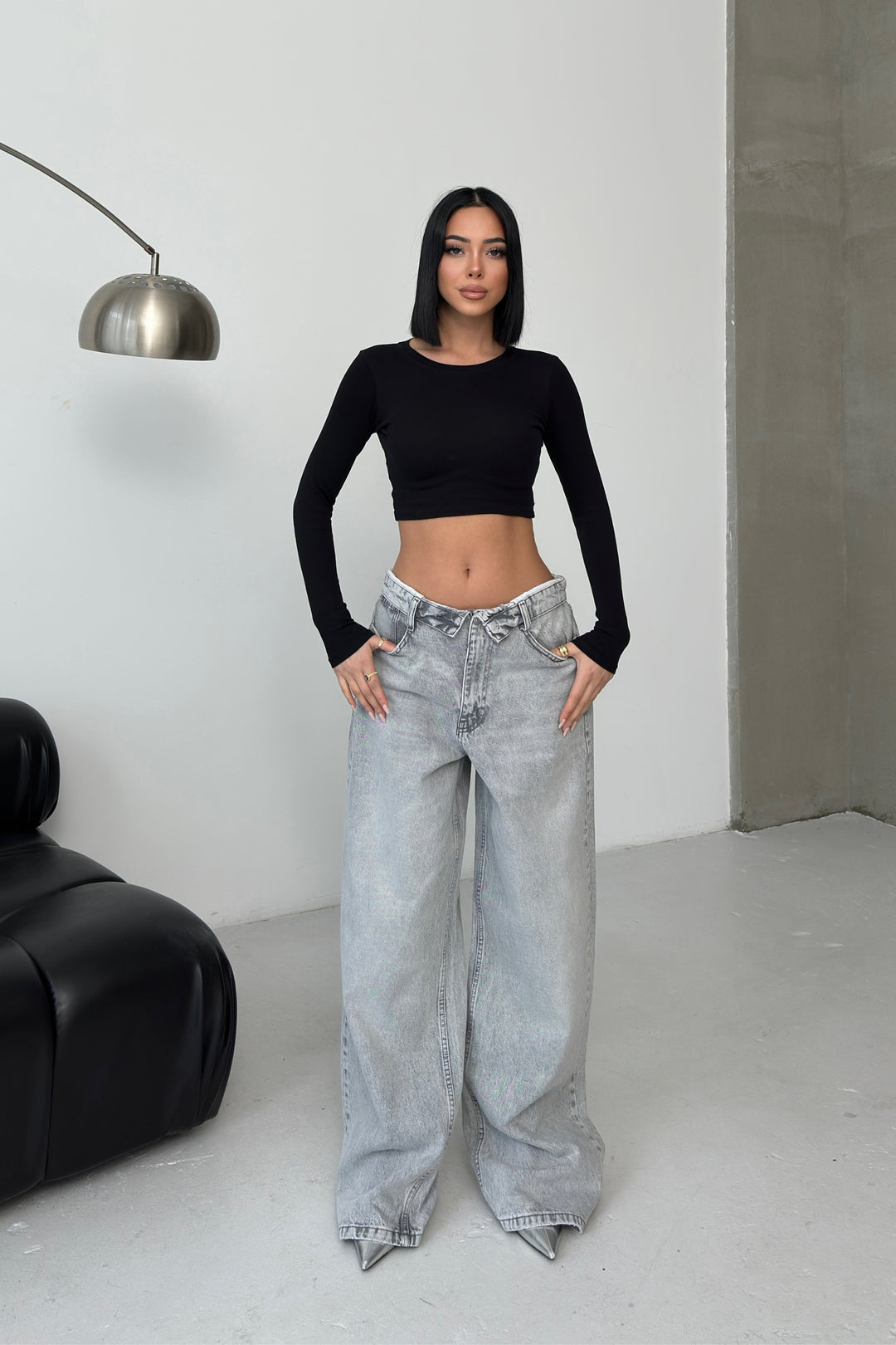 Routines Folded Waist Baggy Jeans - Grey 1480-4