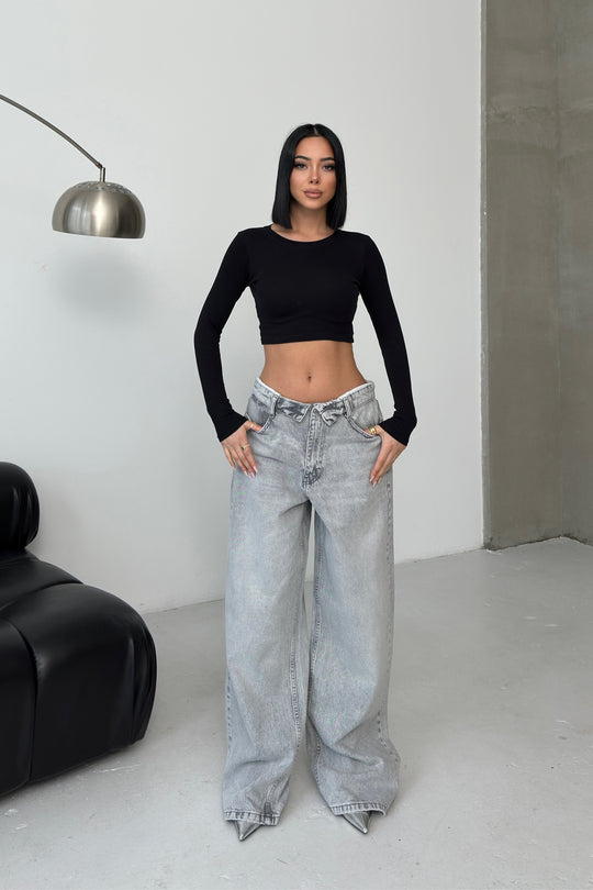 Routines Folded Waist Baggy Jeans - Grey 1480-4