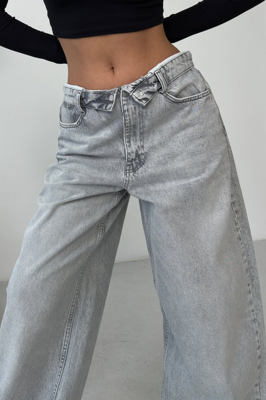 Routines Folded Waist Baggy Jeans - Grey 1480-4