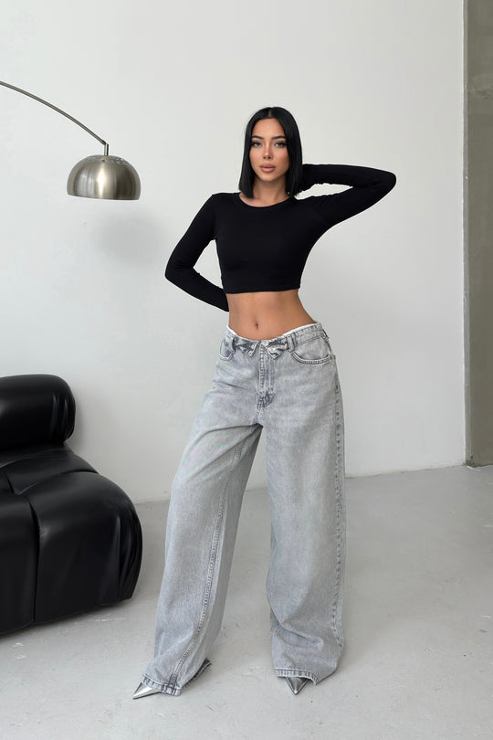 Routines Folded Waist Baggy Jeans - Grey 1480-4