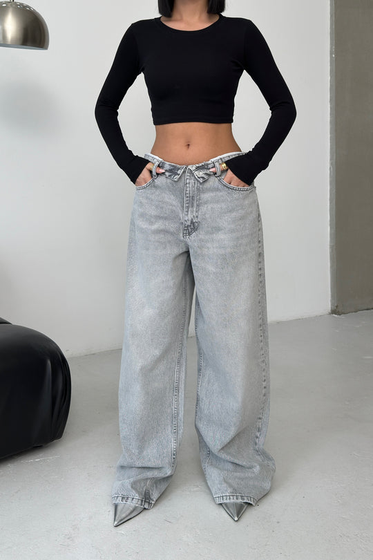 Routines Folded Waist Baggy Jeans - Grey 1480-4