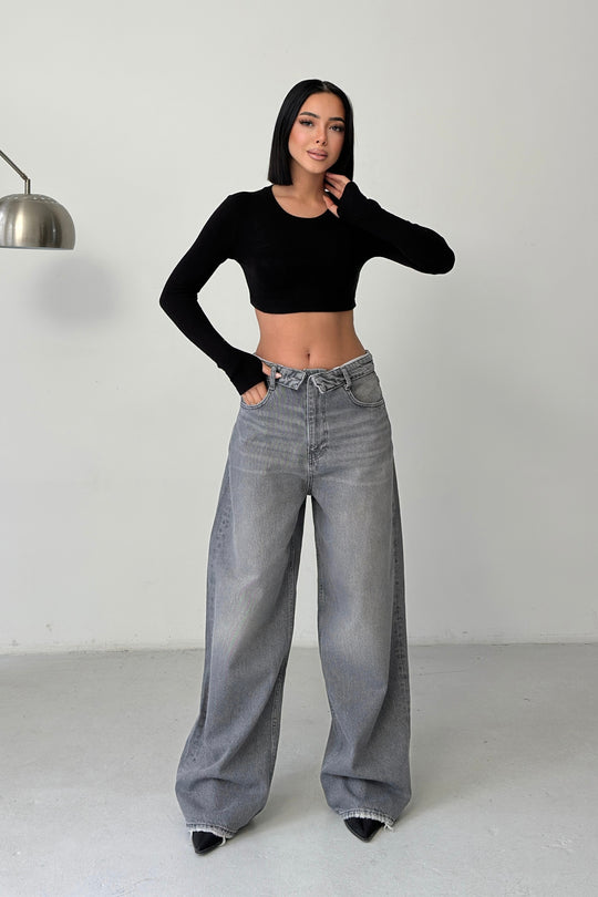 Routines Folded Waist Baggy Jeans - Grey 3723