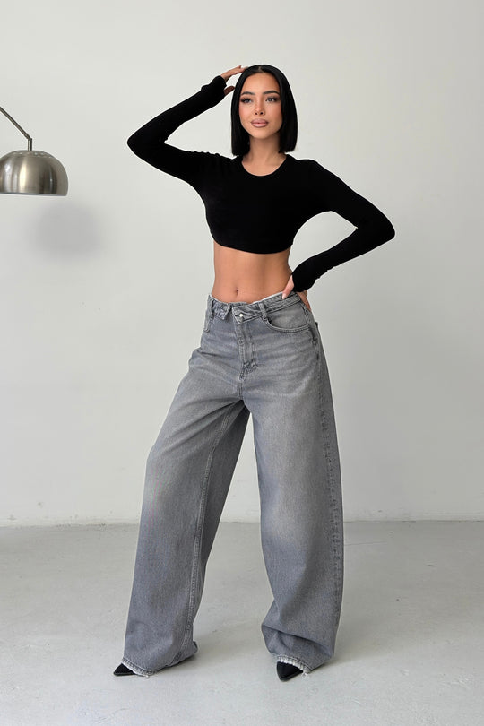 Routines Folded Waist Baggy Jeans - Grey 3723