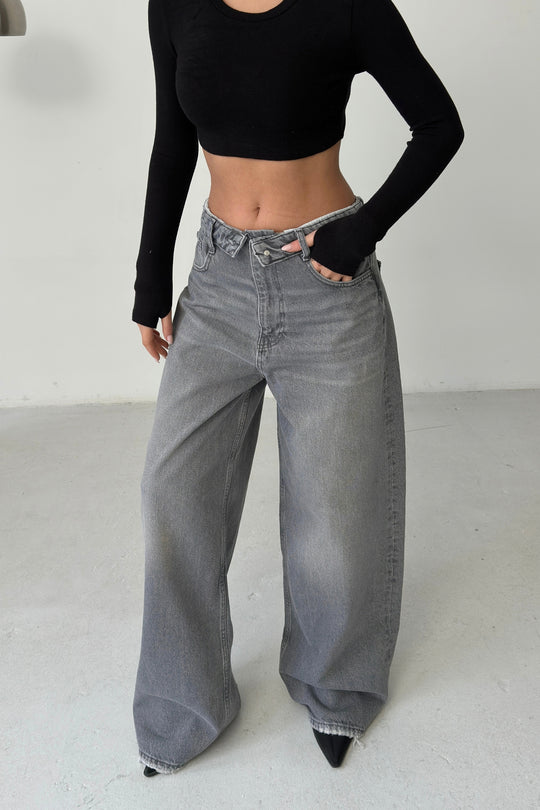 Routines Folded Waist Baggy Jeans - Grey 3723