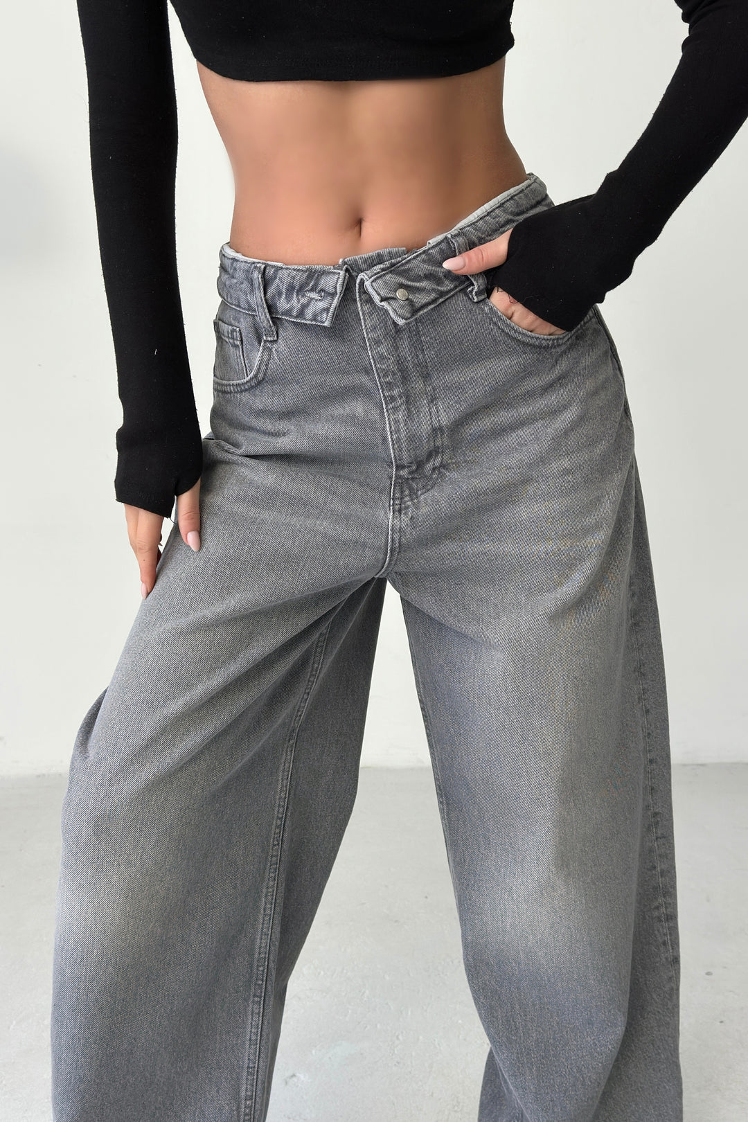 Routines Folded Waist Baggy Jeans - Grey 3723