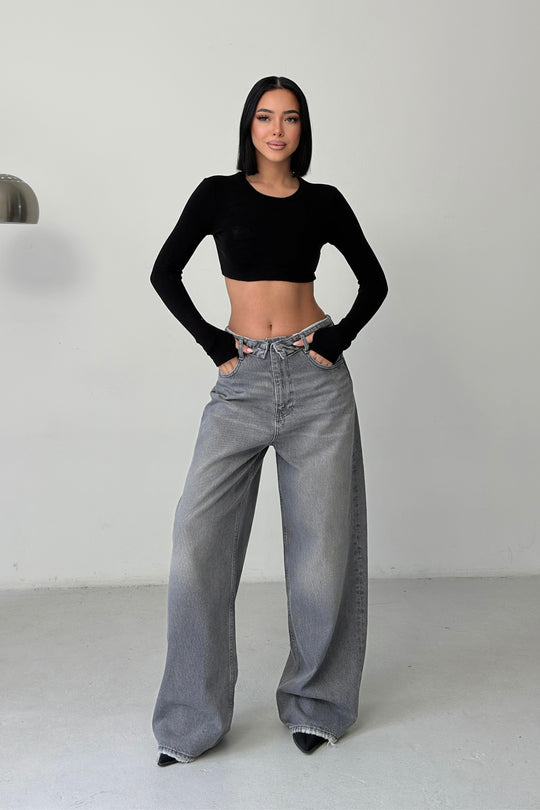 Routines Folded Waist Baggy Jeans - Grey 3723