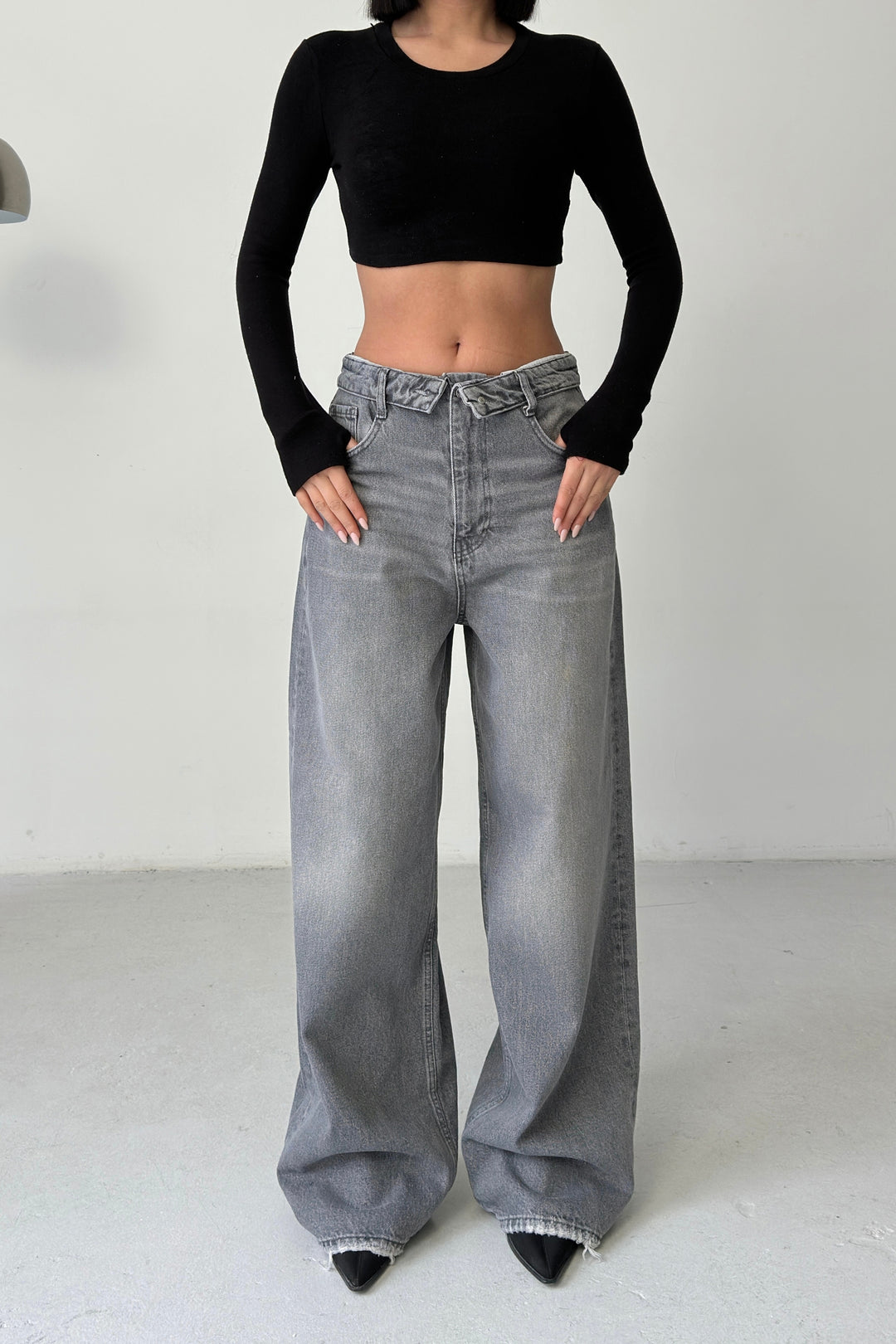 Routines Folded Waist Baggy Jeans - Grey 3723