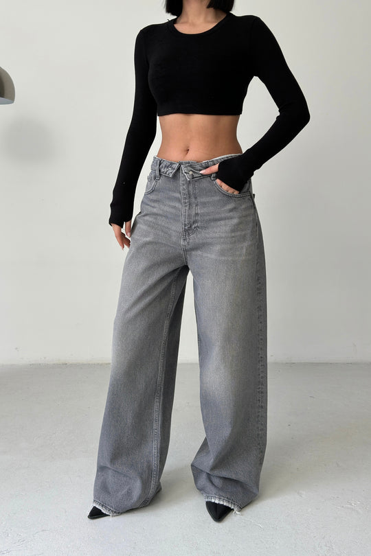 Routines Folded Waist Baggy Jeans - Grey 3723