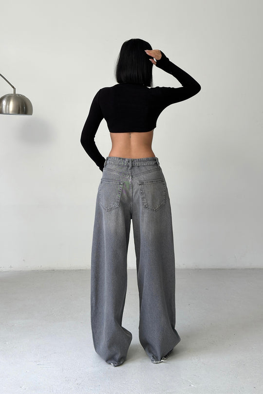 Routines Folded Waist Baggy Jeans - Grey 3723