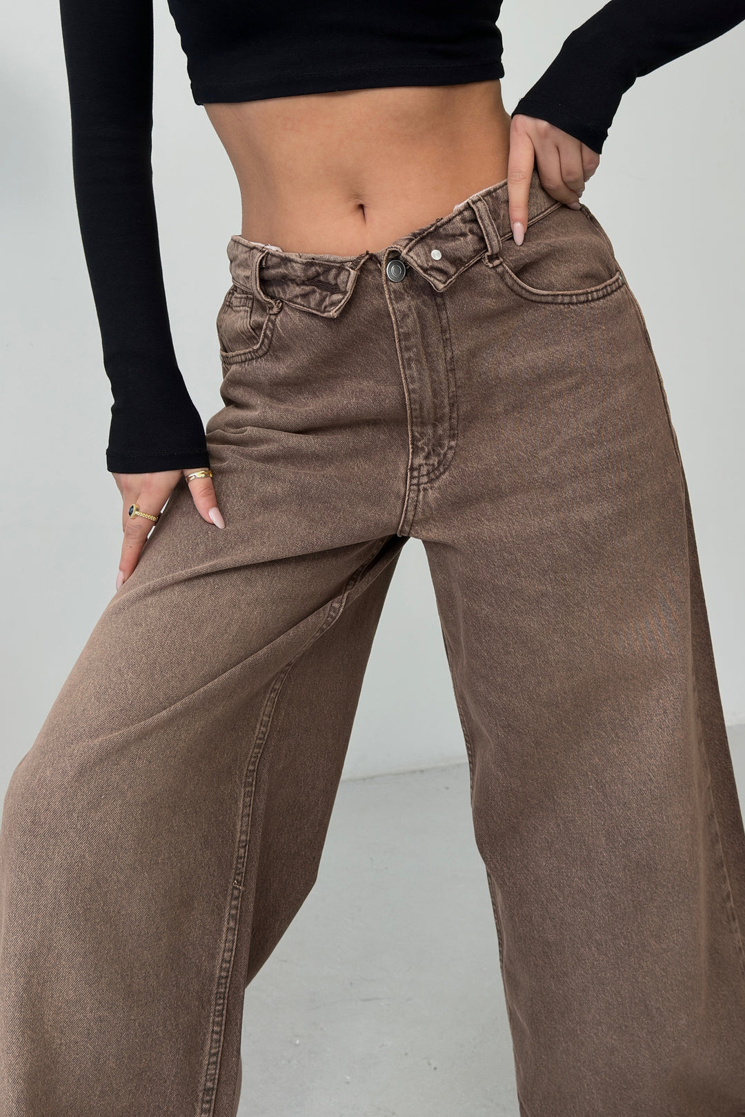Routines Folded Waist Baggy Jeans - Vintage Brown 1480-5