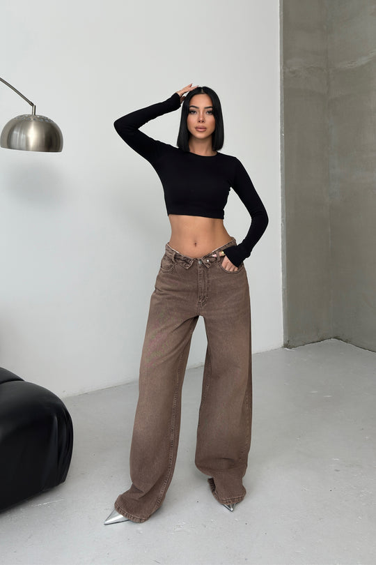 Routines Folded Waist Baggy Jeans - Vintage Brown 1480-5