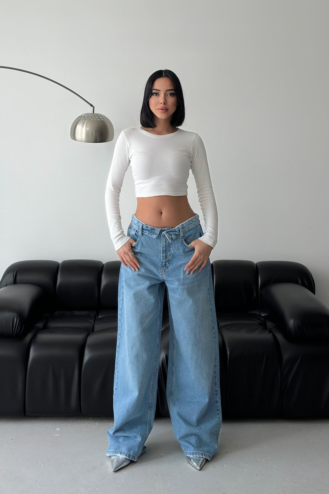 Routines Folded Waist Baggy Jeans - Light Blue 1480-6