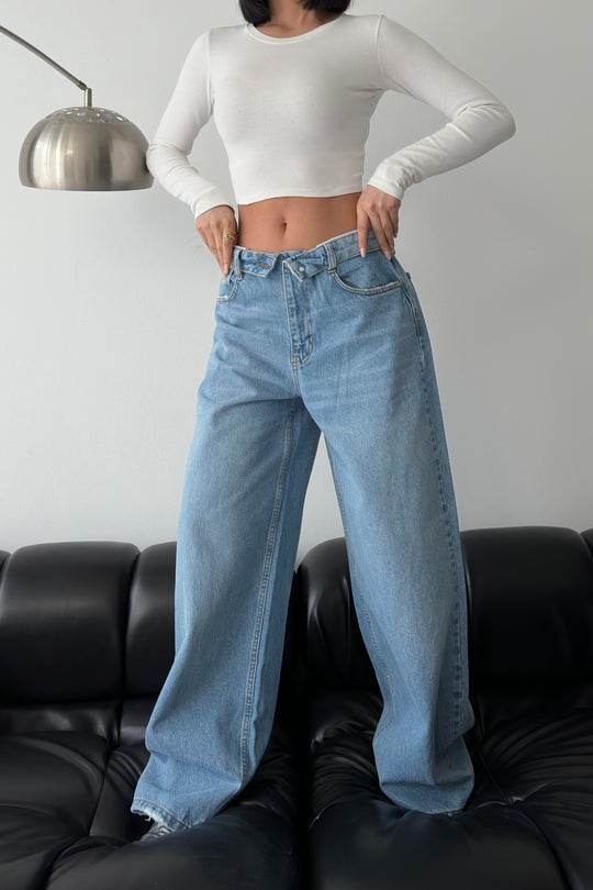 Routines Folded Waist Baggy Jeans - Light Blue 1480-6