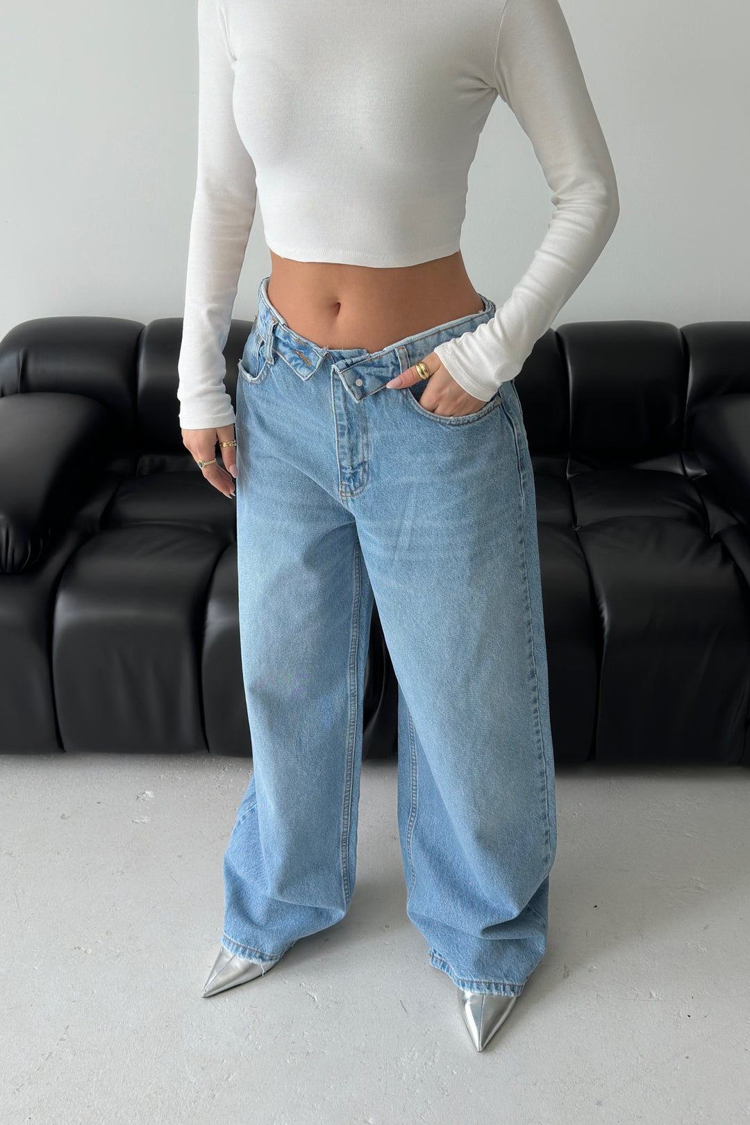 Routines Folded Waist Baggy Jeans - Light Blue 1480-6