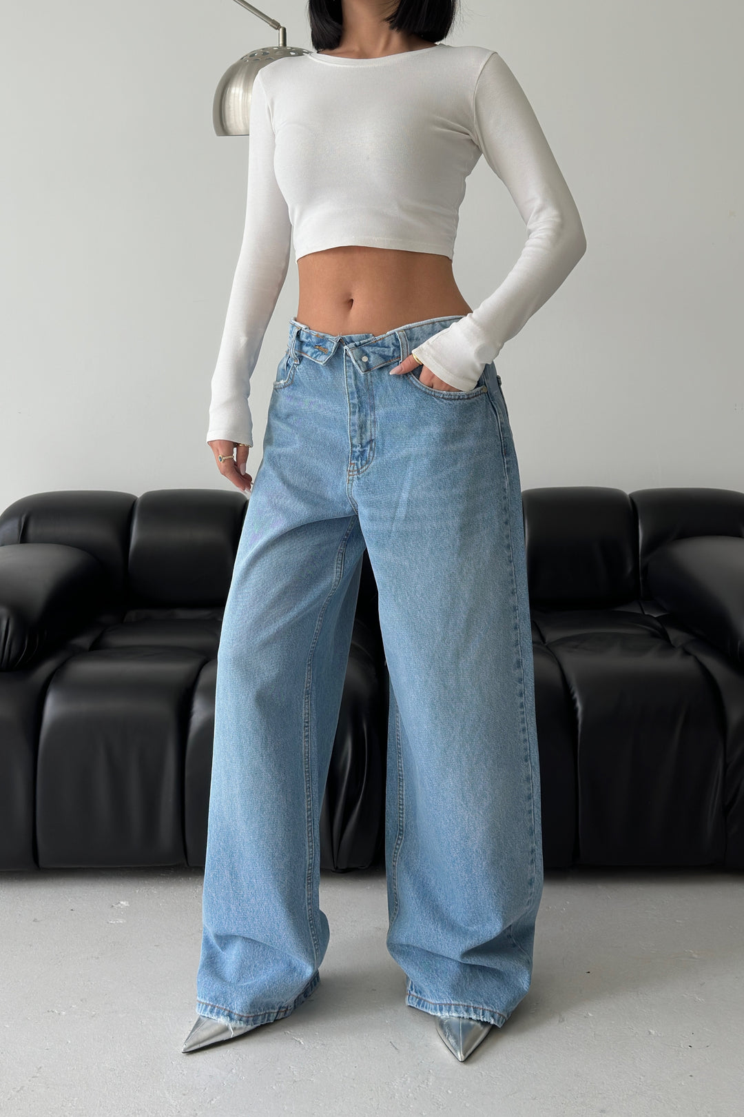 Routines Folded Waist Baggy Jeans - Light Blue 1480-6