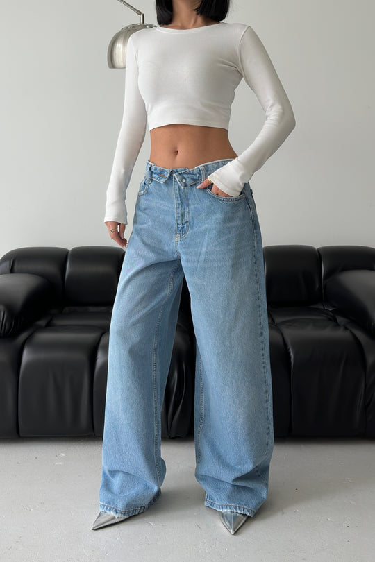 Routines Folded Waist Baggy Jeans - Light Blue 1480-6