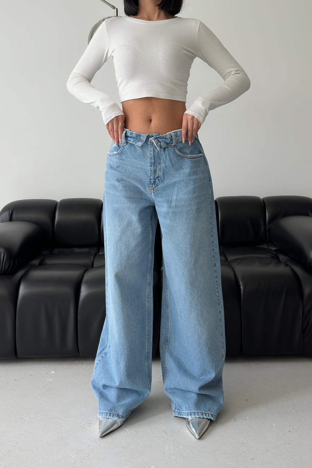 Routines Folded Waist Baggy Jeans - Light Blue 1480-6
