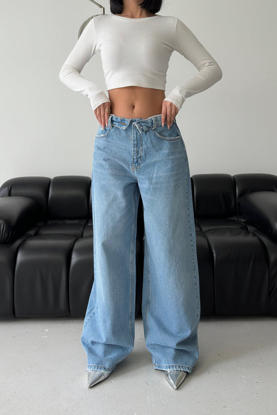 Routines Folded Waist Baggy Jeans - Light Blue 1480-6